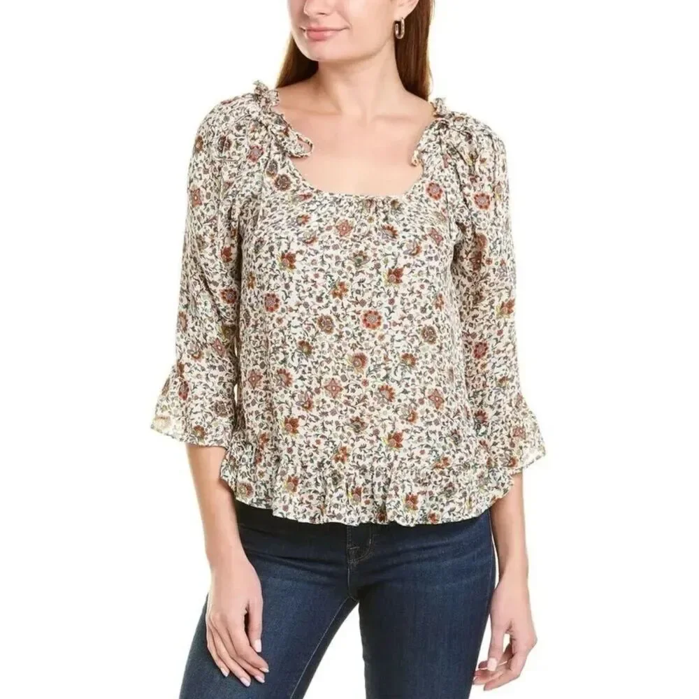 Tory Burch Floral Ruffle Peasant Blouse Women’s 3/4 Sleeve Boho Square Neck Top